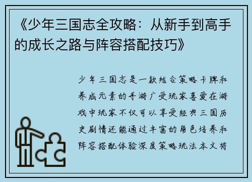 《少年三国志全攻略：从新手到高手的成长之路与阵容搭配技巧》
